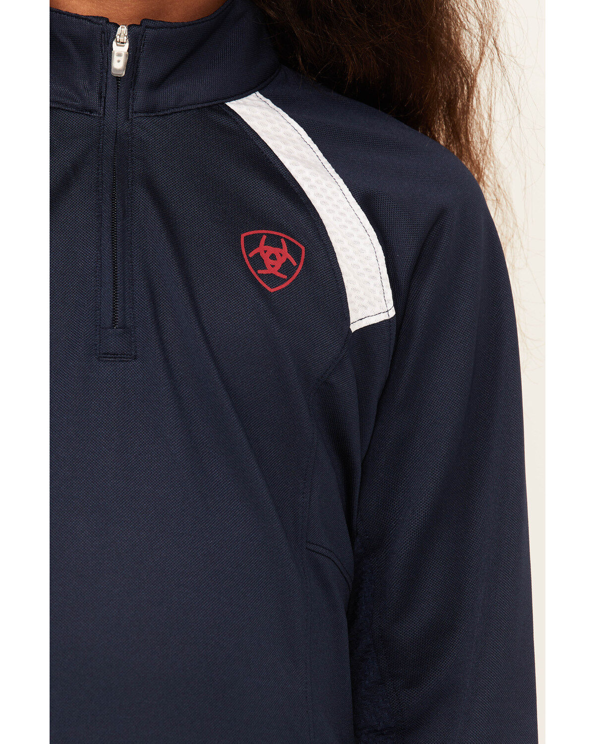 Image #3 - Ariat Girls' Team Solid Sunstopper 2.0 1/4 Zip Baselayer, Navy, hi-res