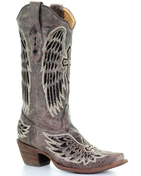 Image #1 - Corral Women's Distressed Black Sequin Cross & Wing Inlay Cowgirl Boots - Snip Toe, , hi-res