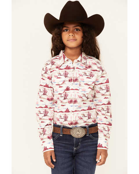 Ariat Girls' R.E.A.L  Yuma Landscape Print Long Sleeve Snap Western Shirt , Ivory, hi-res