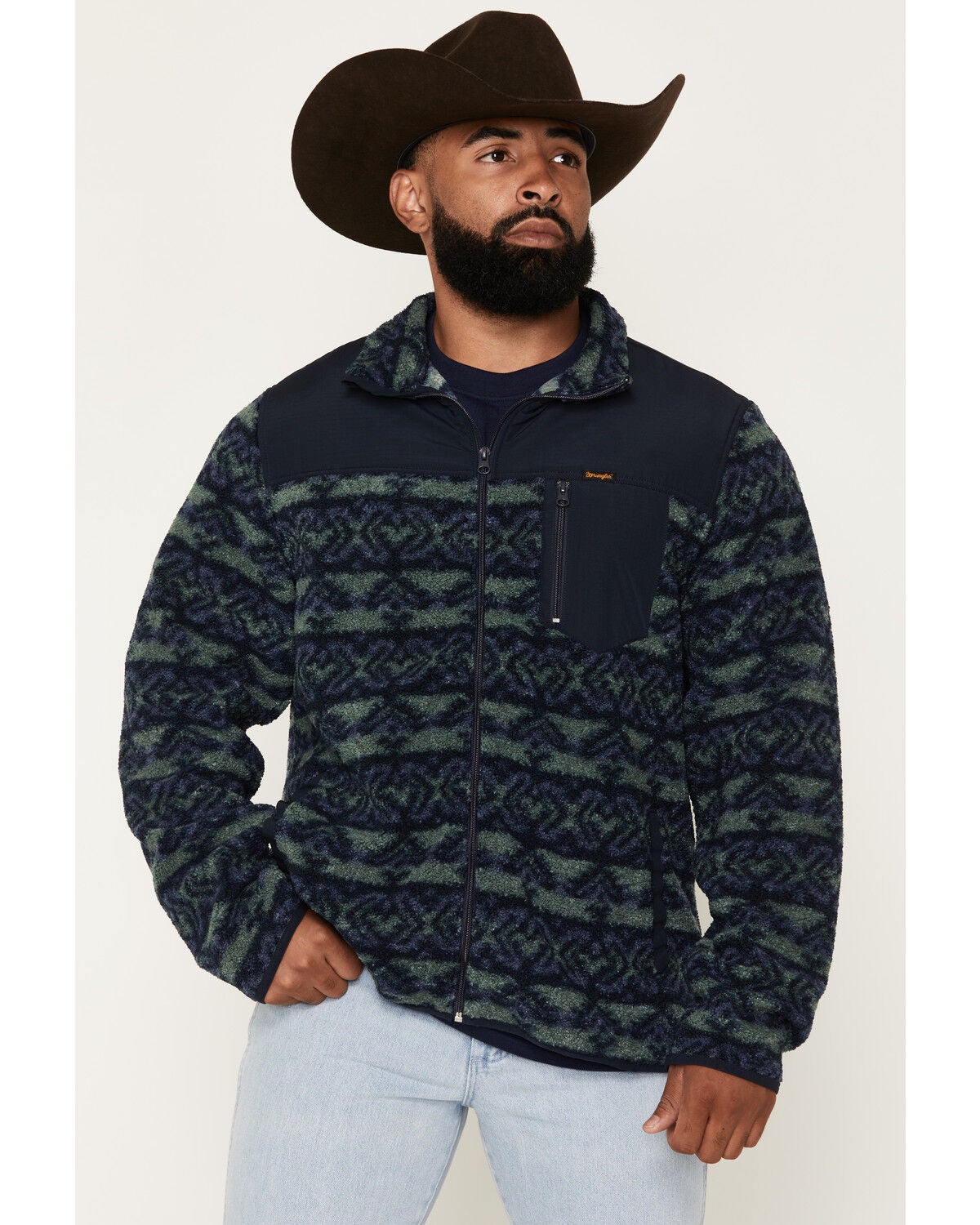 Image #1 - Wrangler Men's Southwestern Striped Print Fleece Jacket, Navy, hi-res