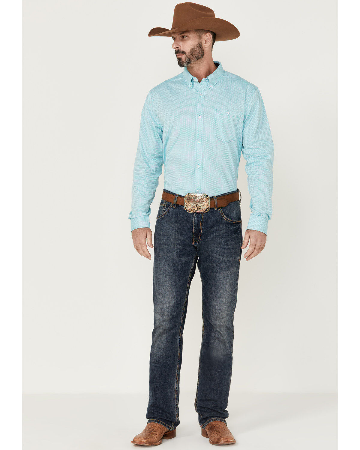 Image #2 - RANK 45® Men's Heeler Textured Solid Long Sleeve Button-Down Western Shirt, Turquoise, hi-res