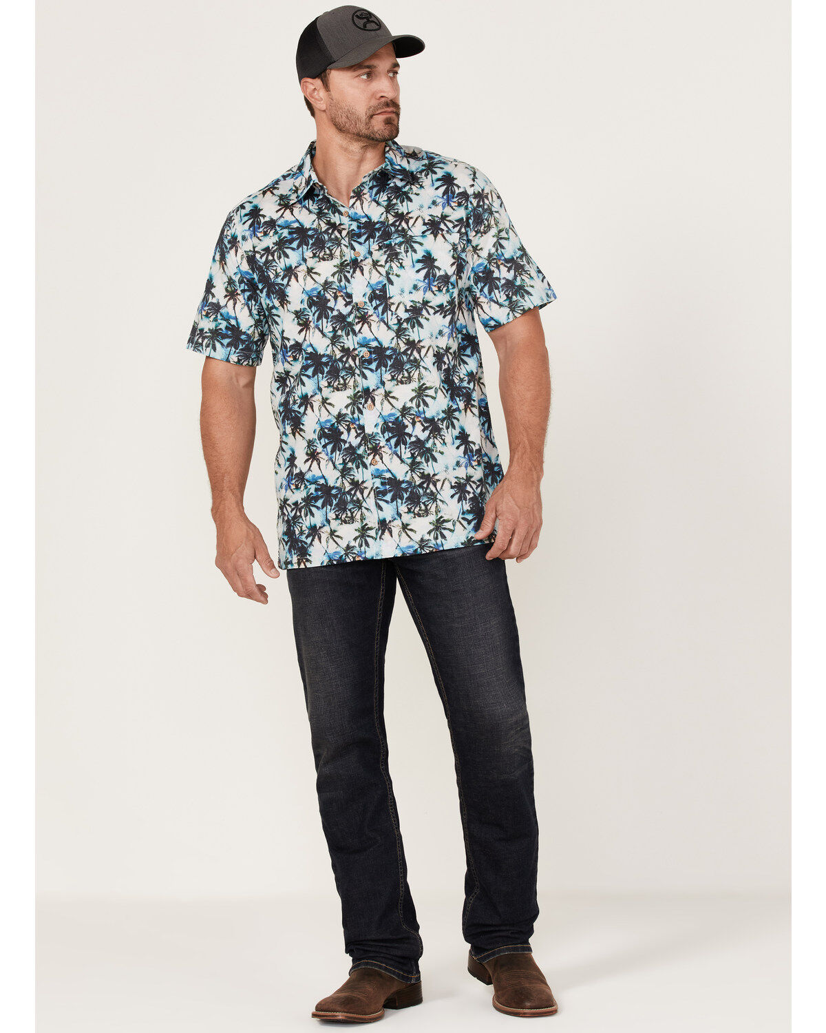 Image #2 - Scully Men's Palm Tree Floral Print Short Sleeve Button Down Western Shirt, , hi-res
