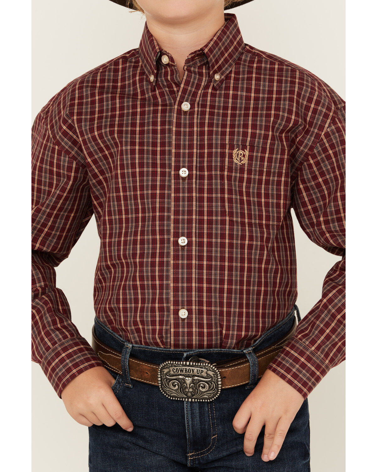 Image #3 - Panhandle Select Boys' Plaid Print Long Sleeve Button-Down Western Shirt, Burgundy, hi-res
