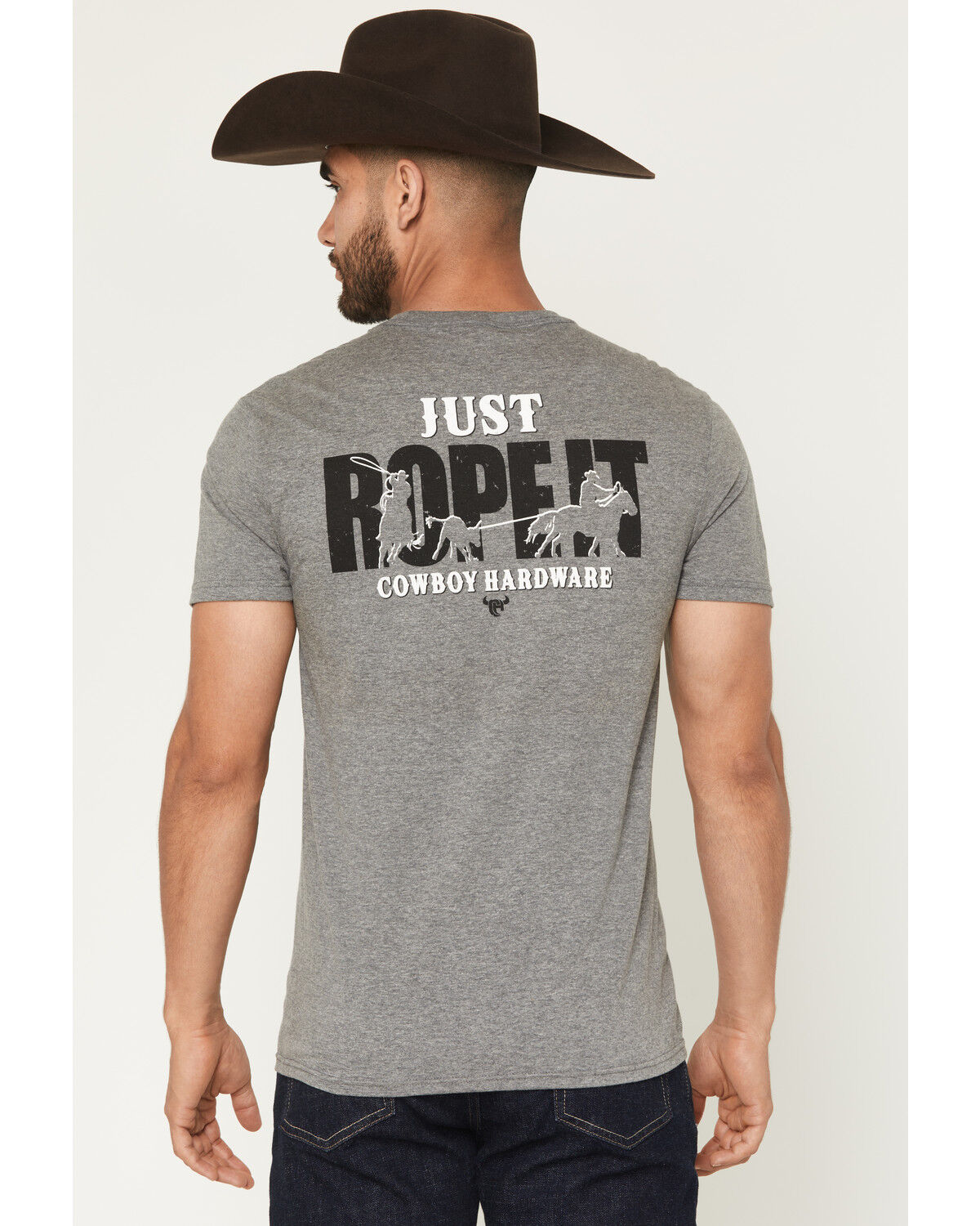 Image #1 - Cowboy Hardware Men's Just Rope It Short Sleeve Graphic T-Shirt, Grey, hi-res