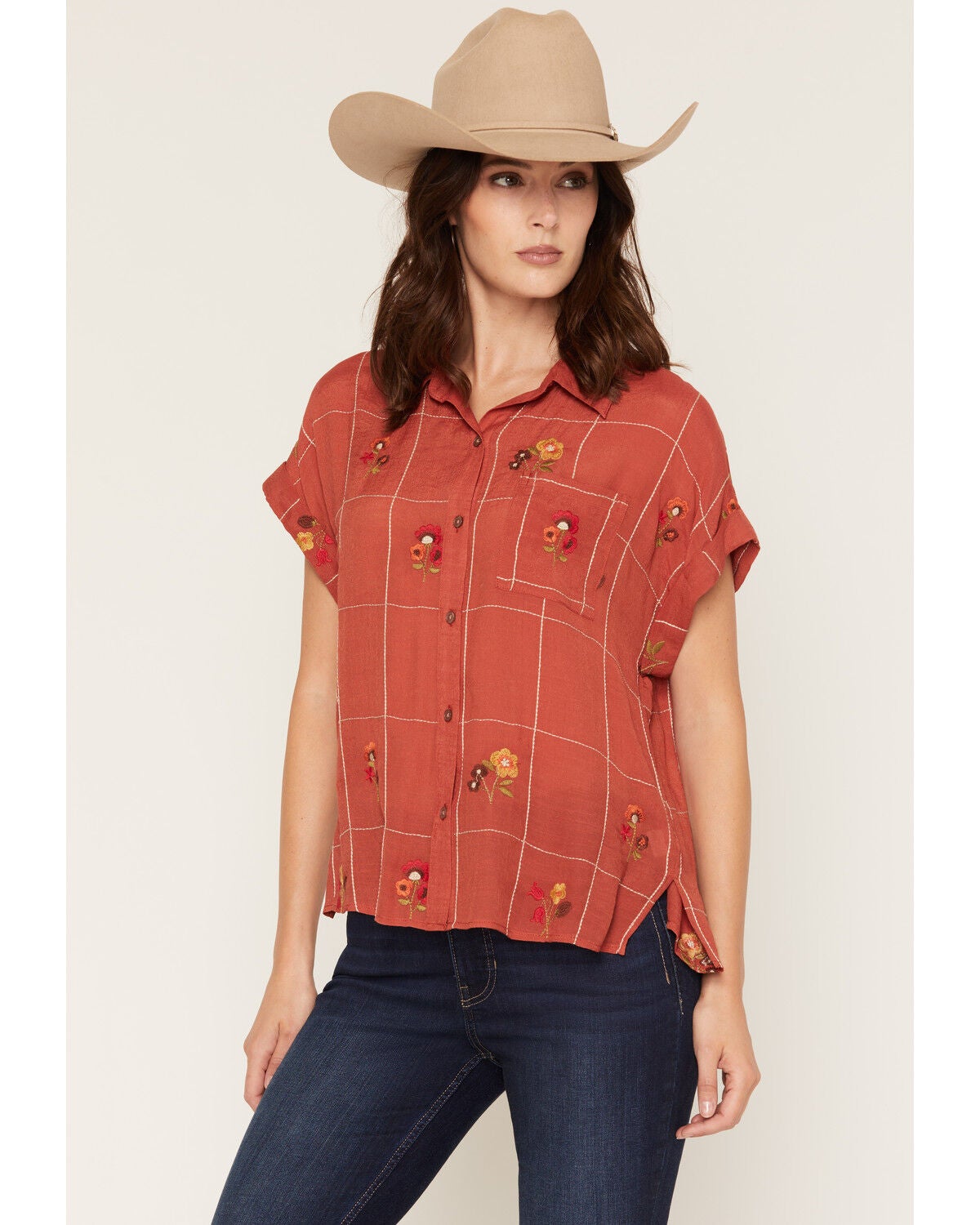 Image #1 - Olive Hill Women's Boot Barn Exclusive Floral Embroidered Short Sleeve Button-Down Western Shirt, Rust Copper, hi-res