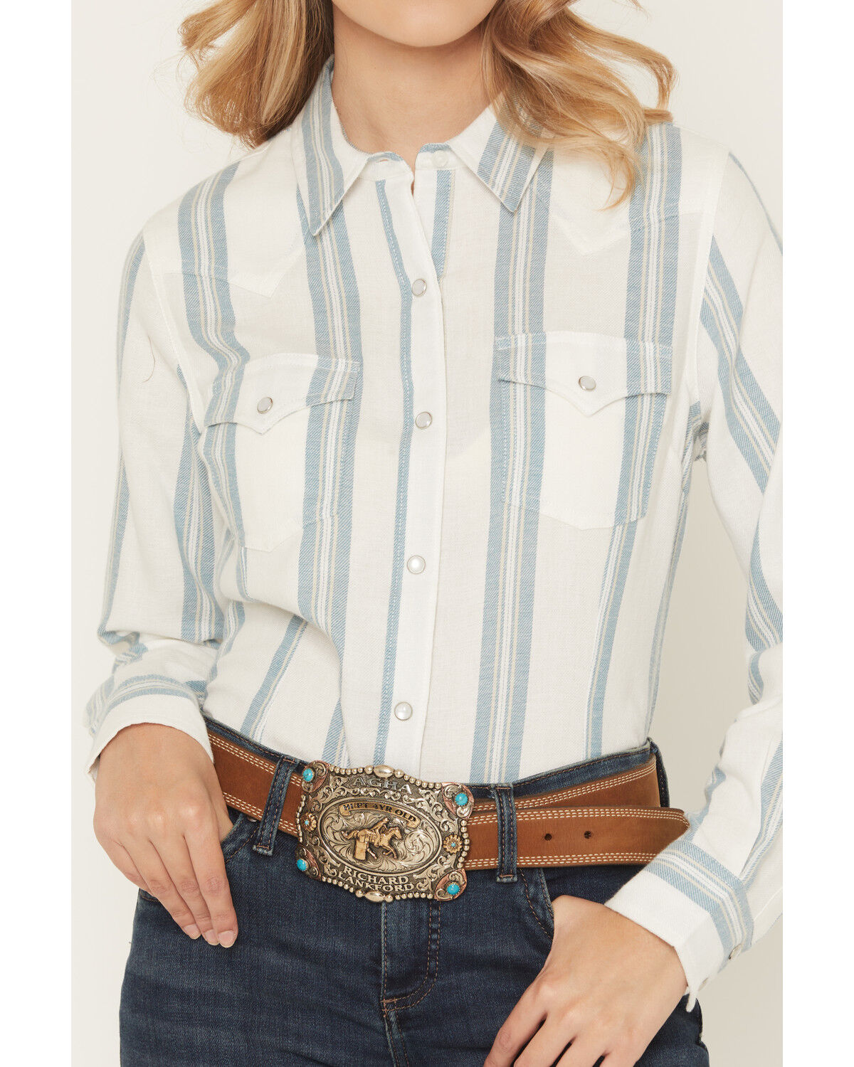 Image #3 - Wrangler Retro Women's Boot Barn Exclusive Striped Long Sleeve Pearl Snap Flannel Shirt, Light Blue, hi-res