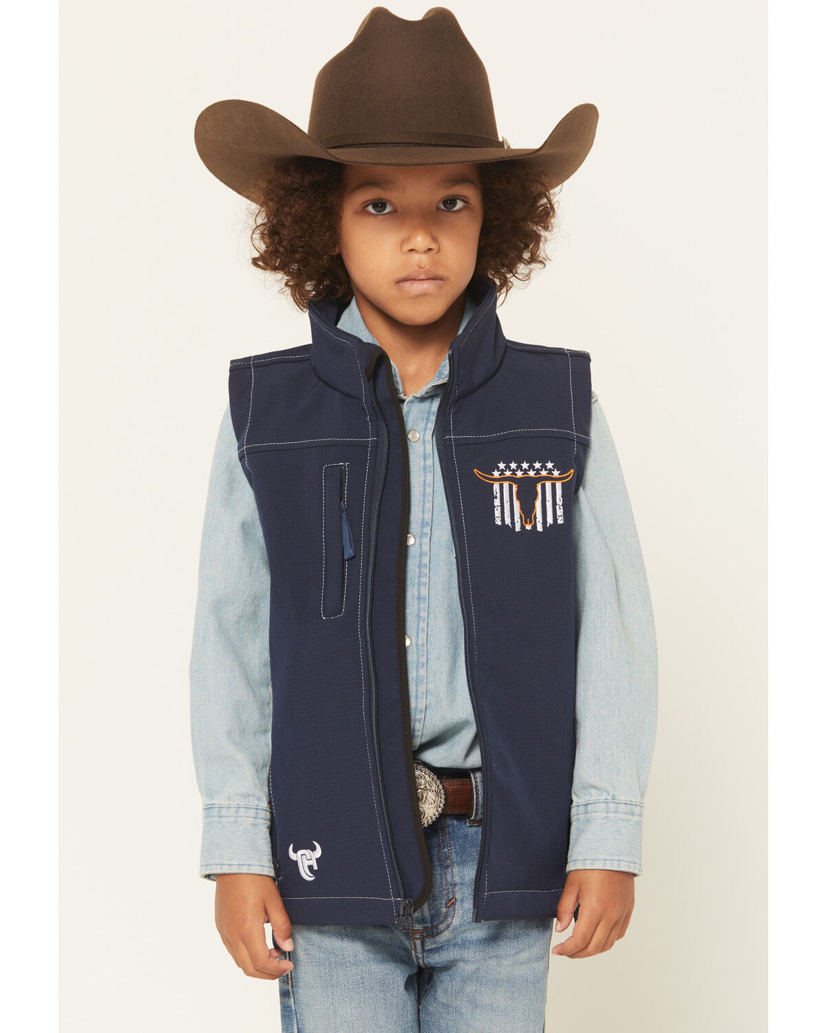 Image #1 - Cowboy Hardware Boys' Skull Banner Embroidered Softshell Vest, Navy, hi-res
