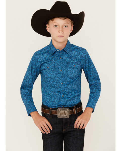 Wrangler Boys' Floral Print Long Sleeve Snap Stretch Western Shirt , Blue, hi-res