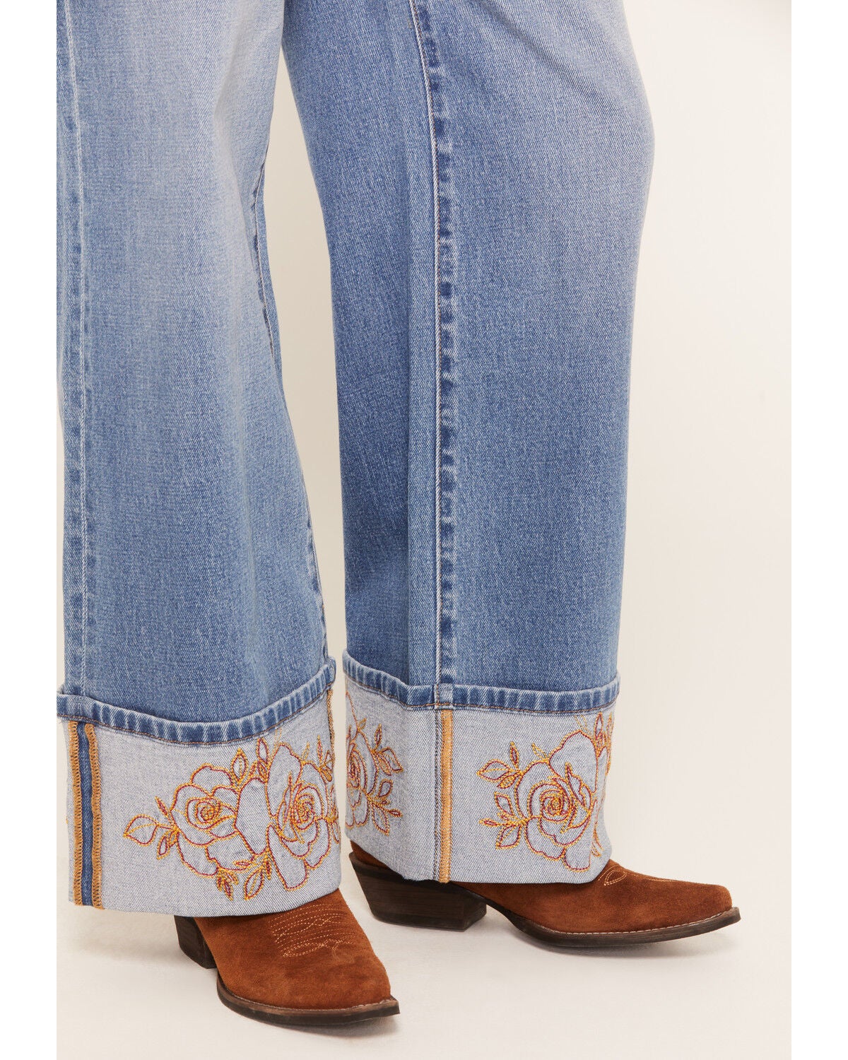 Image #4 - Rodeo Quincy X Boot Barn Women's Rowdy Rose Light Wash High Rise Cuffed Wide Leg Stretch Denim Jeans, Light Wash, hi-res