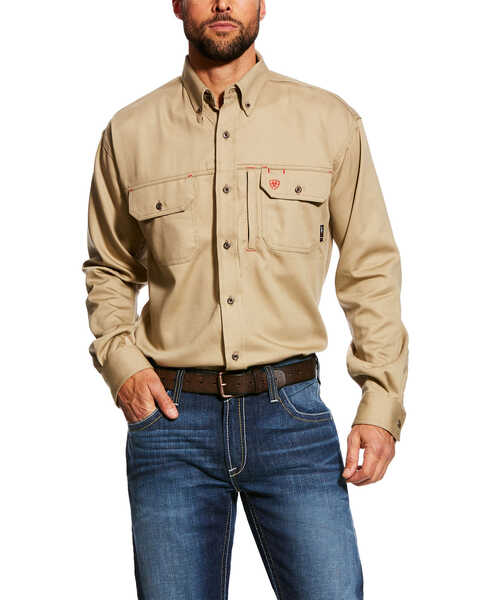 Ariat Men's FR Solid Vent Long Sleeve Work Shirt - Tall , Beige/khaki, hi-res