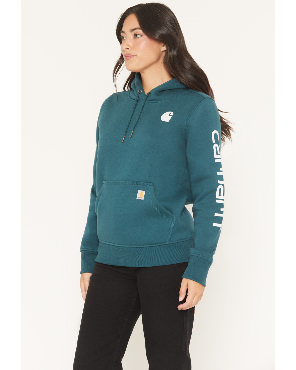 Image #2 - Carhartt Women's Relaxed Fit Midweight Logo Sleeve Graphic Hoodie, Green, hi-res
