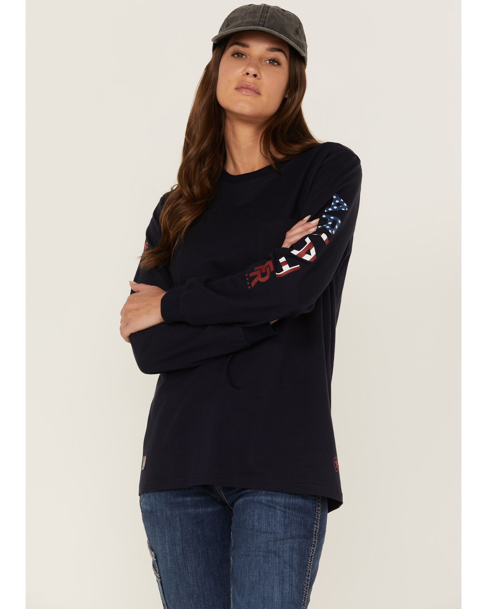 Ariat Women s FR USA Stretch Logo Long Sleeve Work Pocket T Shirt