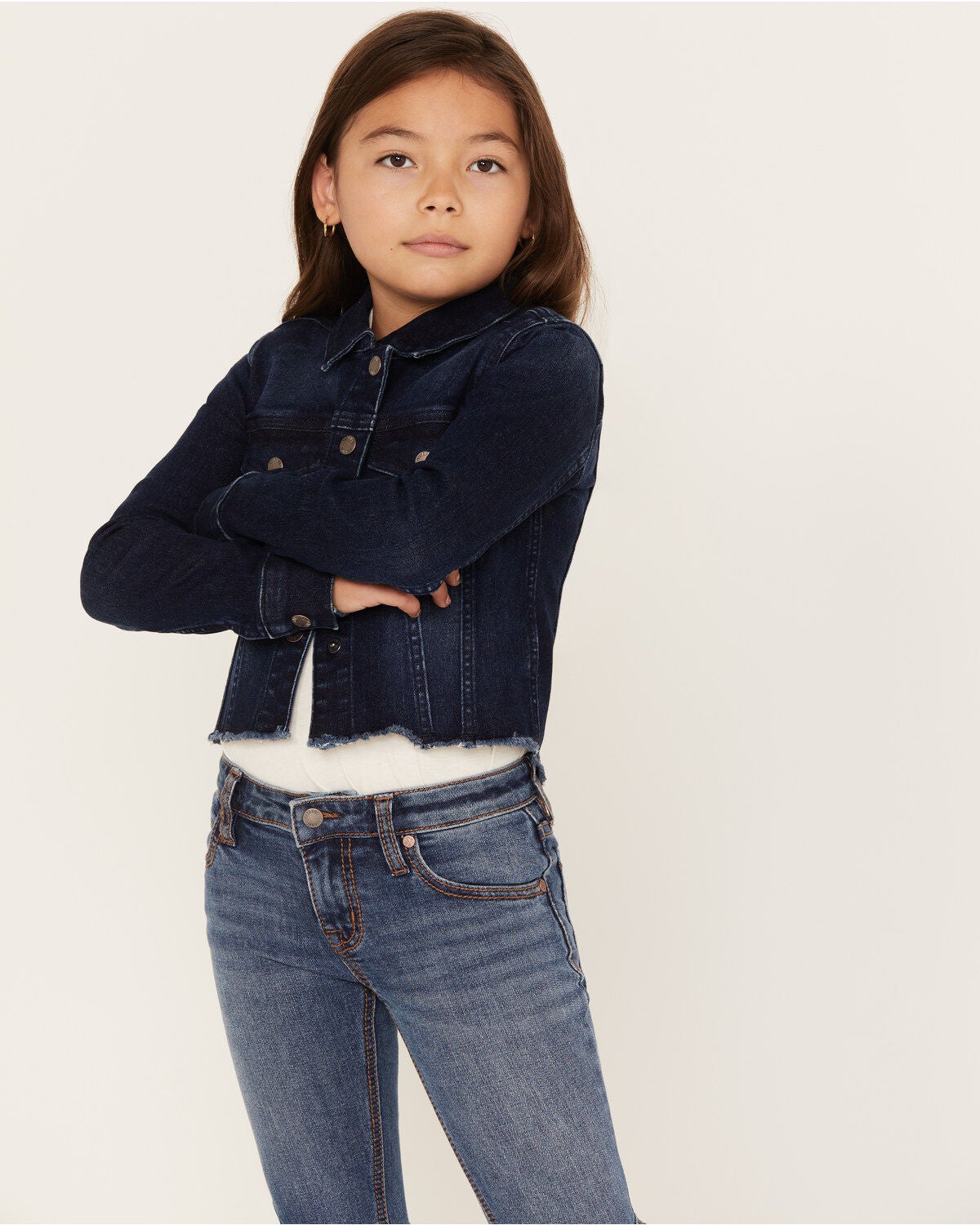 Shyanne Girls' Kent Dark Wash Frayed Denim Jacket, Dark Wash, hi-res