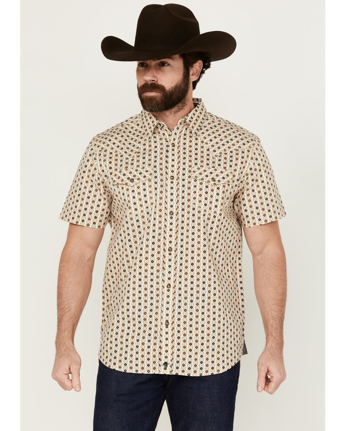 Image #1 - Moonshine Spirit Men's Spurs Floral Striped Short Sleeve Snap Western Shirt, Cream, hi-res