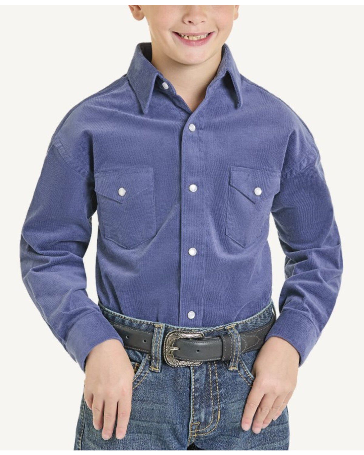 Image #1 - Panhandle Slim Boys' Solid Corduroy Long Sleeve Snap Western Shirt, Indigo, hi-res