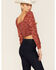 Lush Women's Red Abstract Print Ruched Drawstring Cropped Top, Red, hi-res