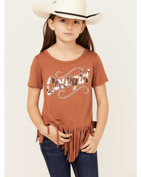 Cowgirl Hardware Girls' Cowgirl Fringe Short Sleeve Tee, Brown, hi-res