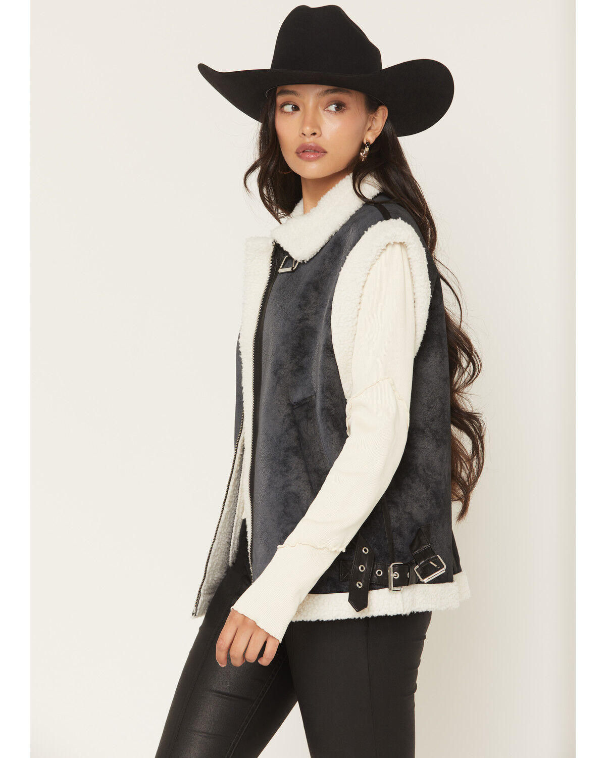 Image #2 - Elan Women's Sherpa Lined Moto Vest, Charcoal, hi-res