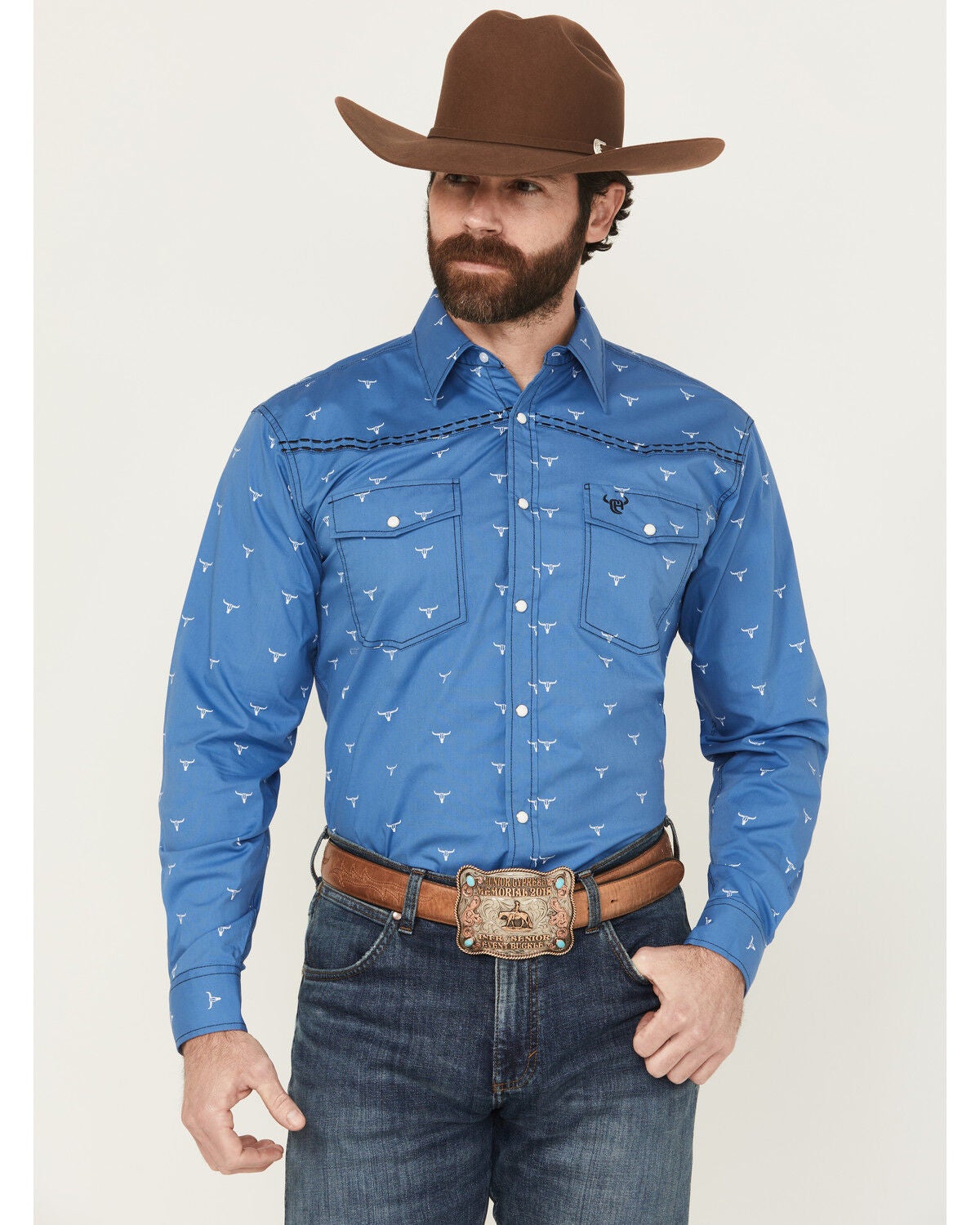 Cowboy Hardware Men's Steerhead Print Long Sleeve Snap Stretch Western Shirt, Royal Blue, hi-res