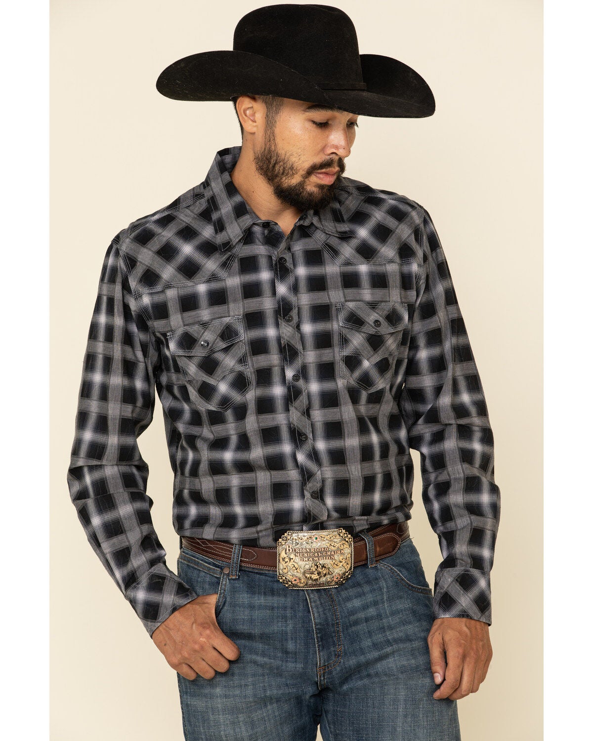Rock & Roll Denim Men's Black Med Plaid Long Sleeve Western Shirt, Black, hi-res