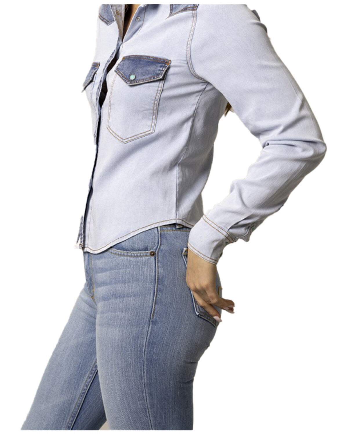 Image #2 - Kimes Ranch Women's Rayna Two-Toned Long Sleeve Cropped Snap Denim Snap Western Shirt, Light Wash, hi-res