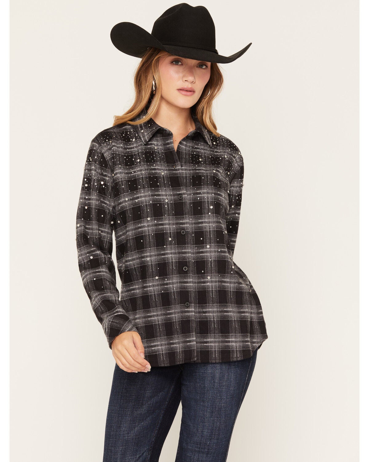 Image #1 - Idyllwind Women's Dosia Rhinestone Plaid Print Long Sleeve Button-Down Flannel Shirt, Black, hi-res