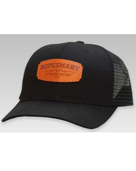 Image #1 - RopeSmart Men's Black Leather Logo Patch Mesh-Back Ball Cap , Black, hi-res