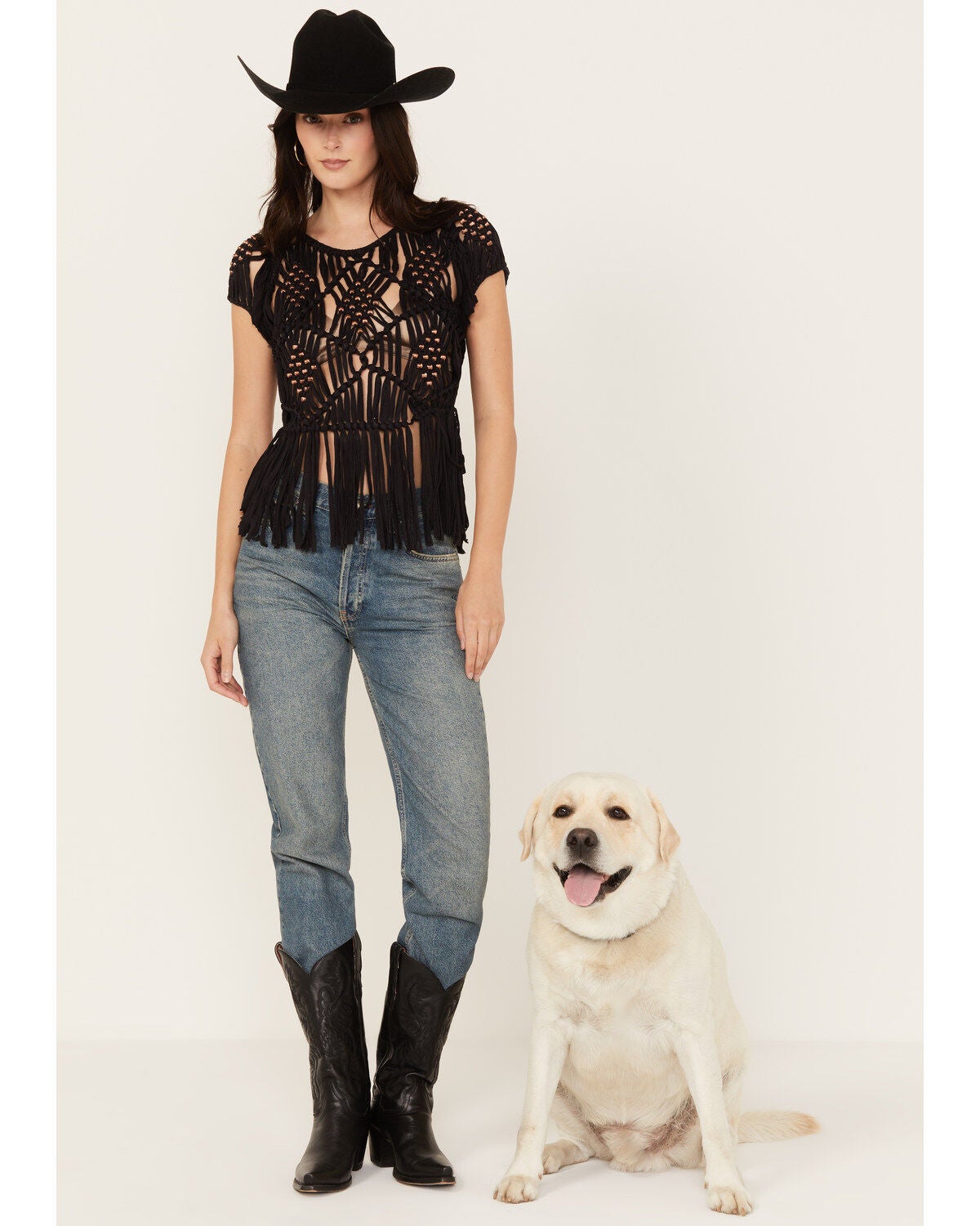 Shyanne Women's Hand Macrame Fringe Top, Black, hi-res