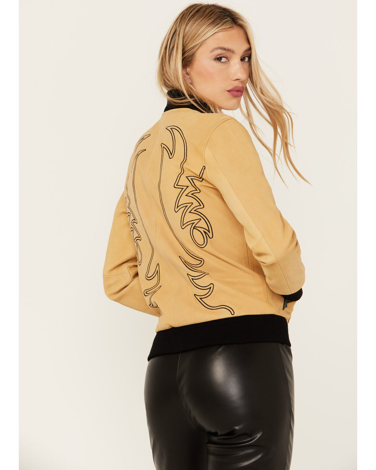 Image #5 - Western & Co Women's Embroidered Leather Bomber Jacket, Tan, hi-res