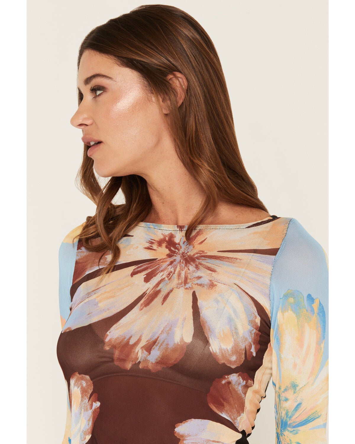 Image #2 - Wild Moss Women's Floral Print Long Sleeve Mesh Top, Multi, hi-res