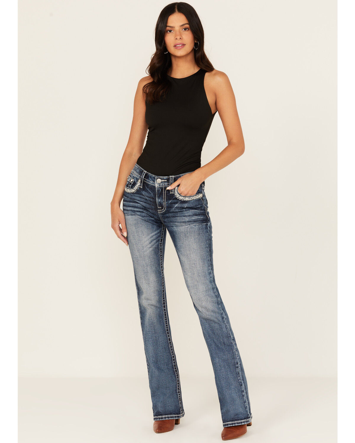 Image #3 - Miss Me Women's Medium Wash Embroidered 34" Bootcut Stretch Denim Jeans, Medium Wash, hi-res