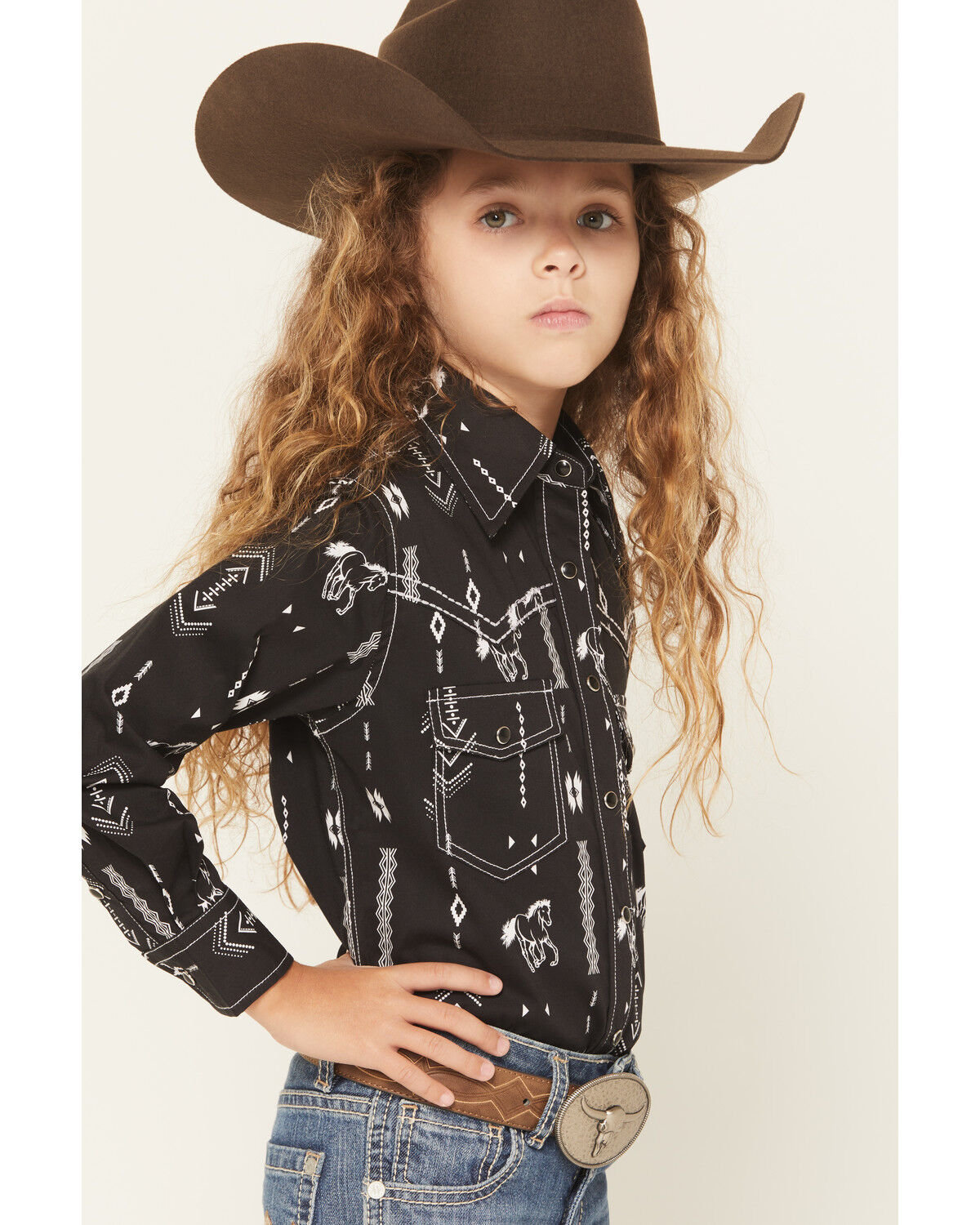 Cowgirl Hardware Girls' Horse Southwest Long Sleeve Snap Stretch Western Shirt