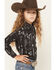 Image #2 - Cowgirl Hardware Girls' Horse Southwest Long Sleeve Snap Stretch Western Shirt, Black, hi-res