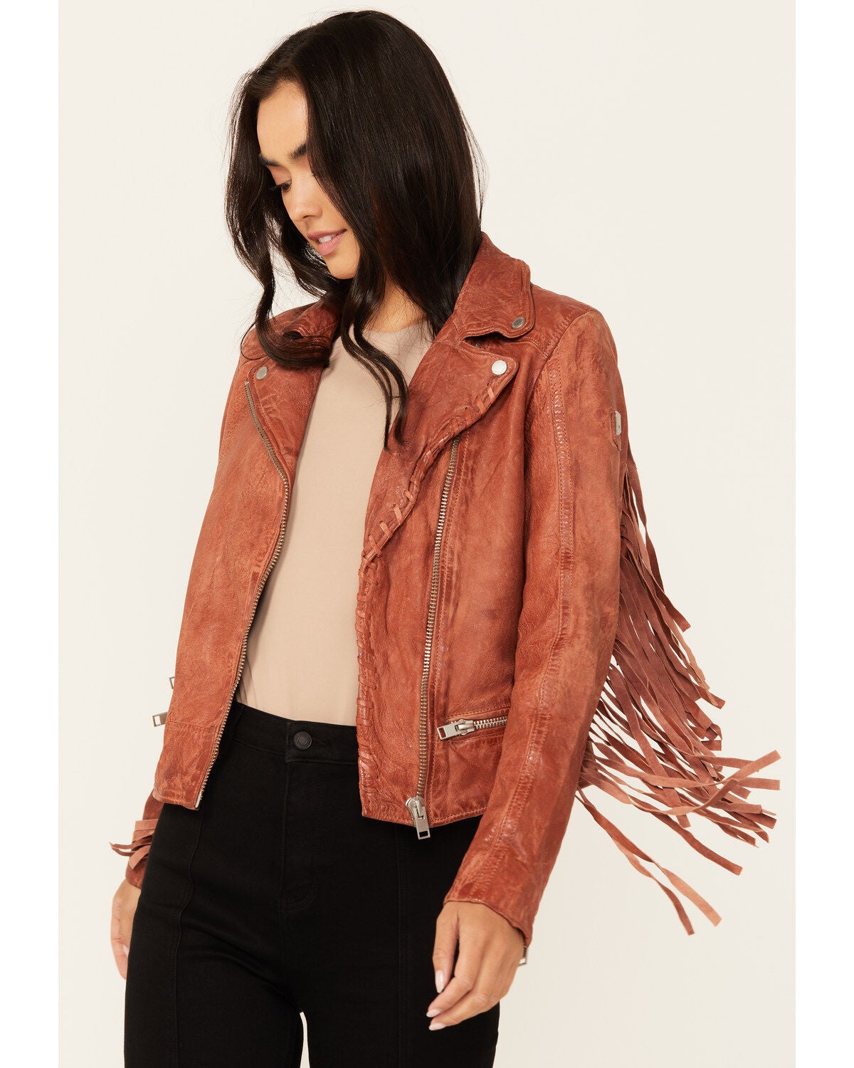 Image #1 - Mauritius Leather Women's Zoe RF Fringe Sleeve Leather Moto Jacket, , hi-res