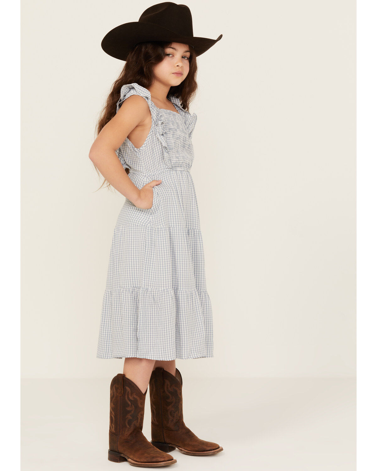 Image #3 - Hayden LA Girls' Gingham Print Puff Sleeve Midi Dress, Blue, hi-res