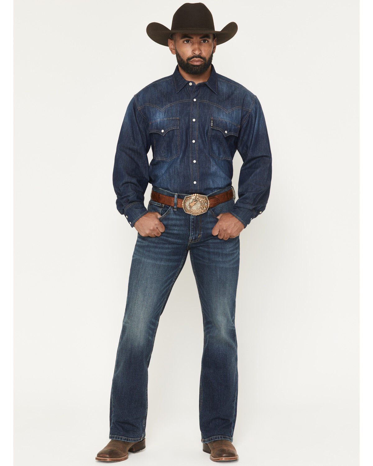 Image #1 - RANK 45® Men's Rockford Wash Brock Relaxed Bootcut Performance Stretch Denim Jeans, Dark Wash, hi-res