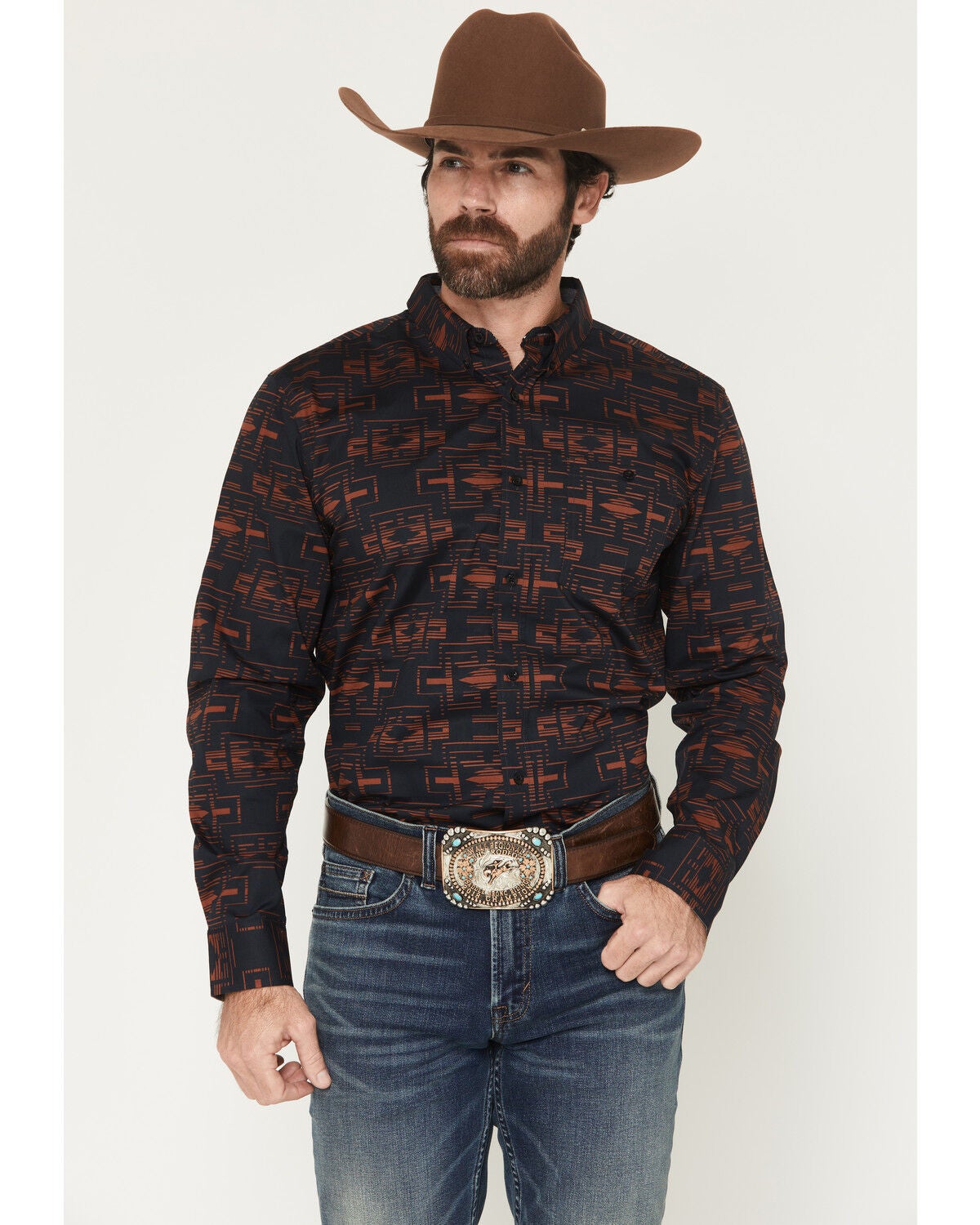Image #1 - RANK 45&reg; Men's Stormy Sea Southwestern Print Long Sleeve Button-Down Stretch Western Shirt, Navy, hi-res