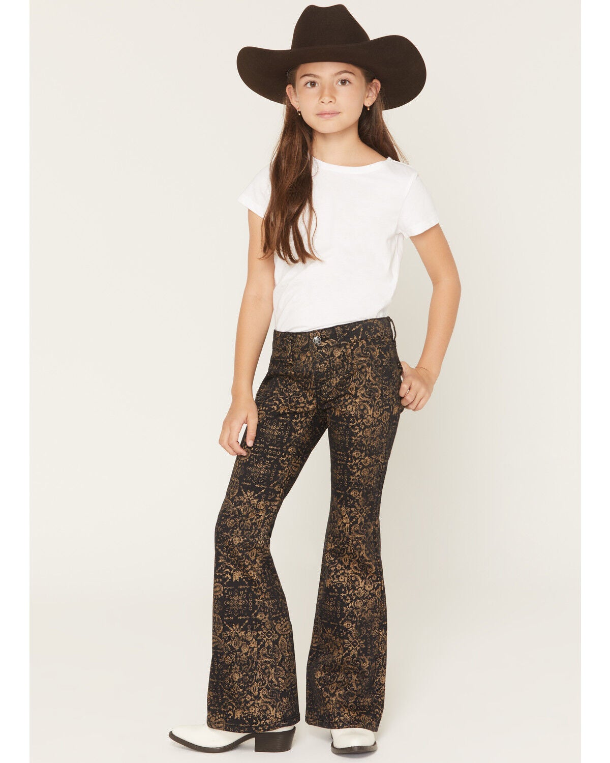 Rock & Roll Denim Girls' Paisley Distressed Flare Stretch Jeans, Black, hi-res