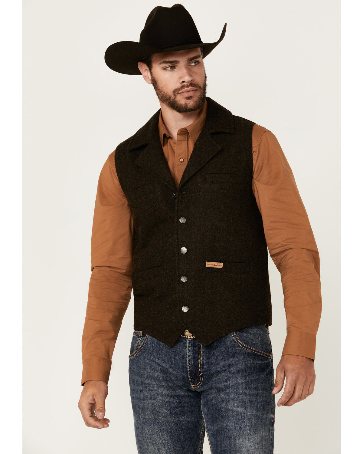 Image #1 - Powder River Outfitters Men's Heather Grey Montana Wool Vest, Dark Brown, hi-res
