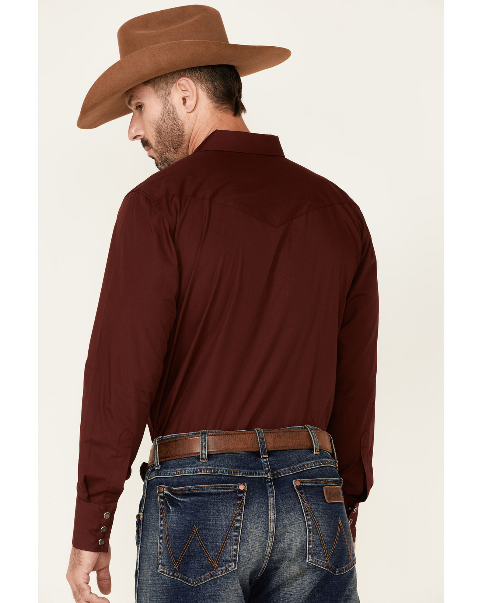 Image #4 - Gibson Men's Basic Solid Long Sleeve Pearl Snap Western Shirt, Burgundy, hi-res