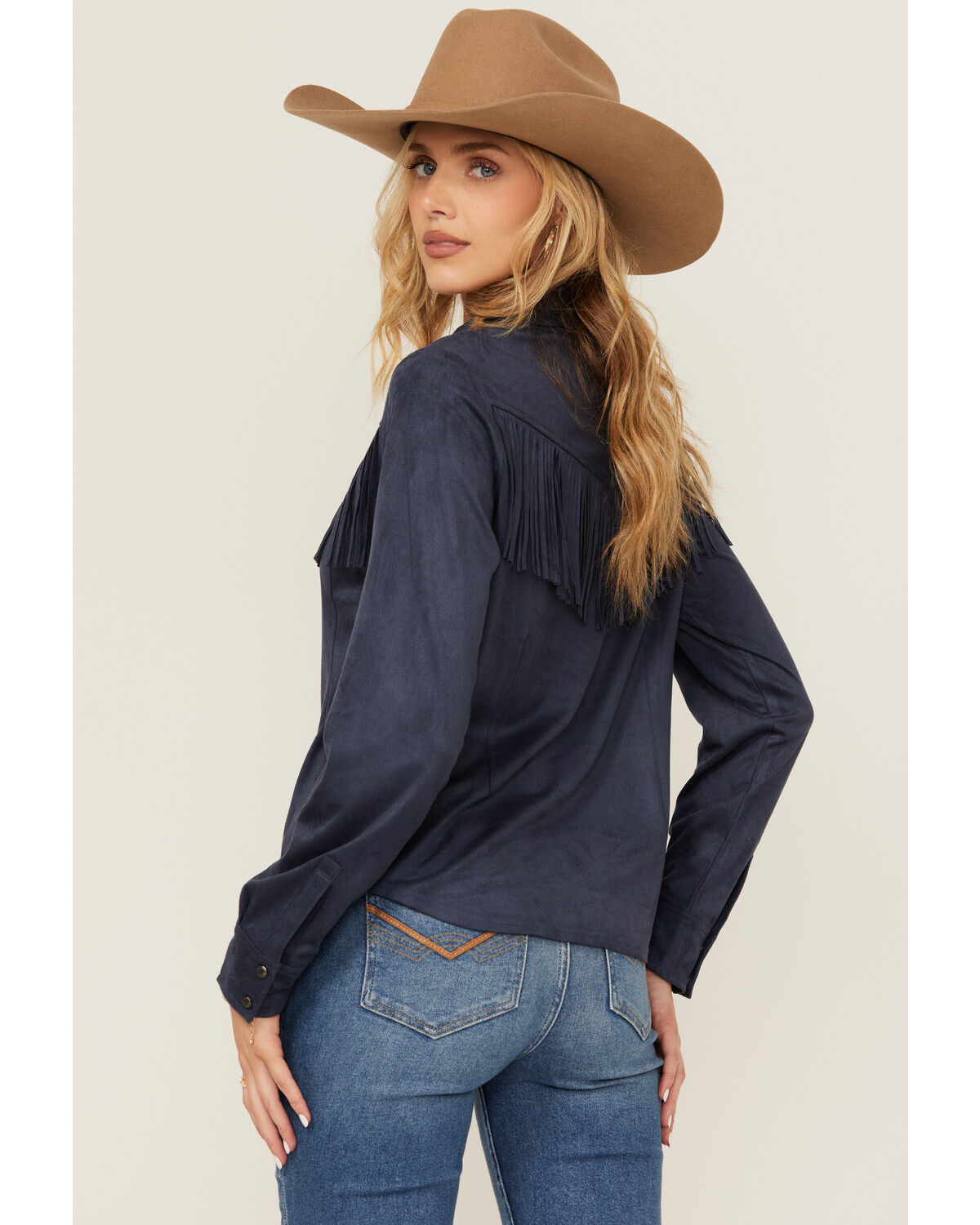 Image #4 - Shyanne Women's Fringe Long Sleeve Snap Western Shirt, Navy, hi-res