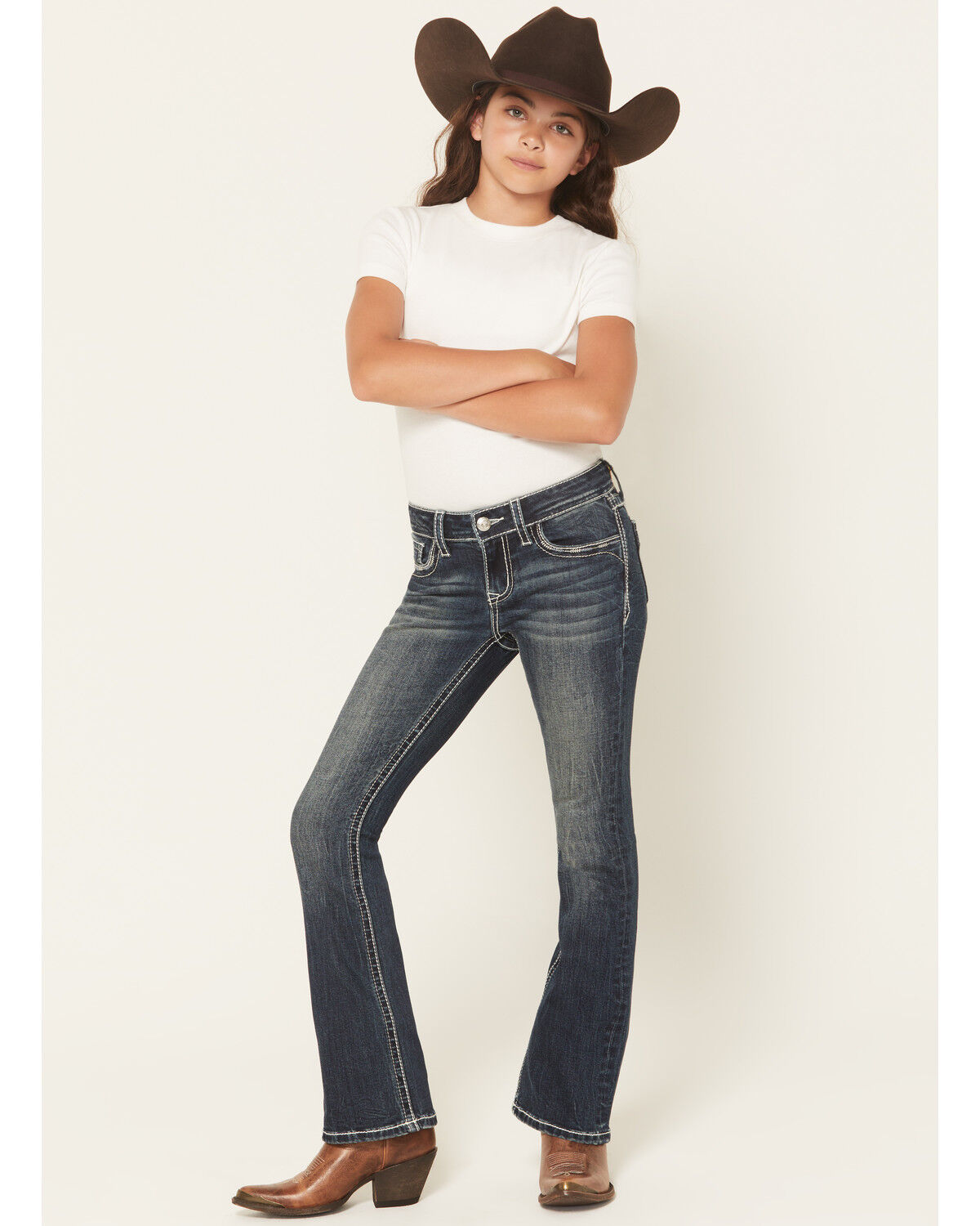 Image #3 - Grace in LA Girls' Dark Wash Floral Pocket Bootcut Stretch Denim Jeans, Dark Wash, hi-res