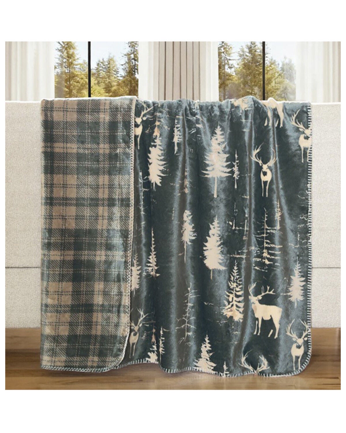Carstens Home Deer Stand Reversible Plush Throw Blanket, Green, hi-res