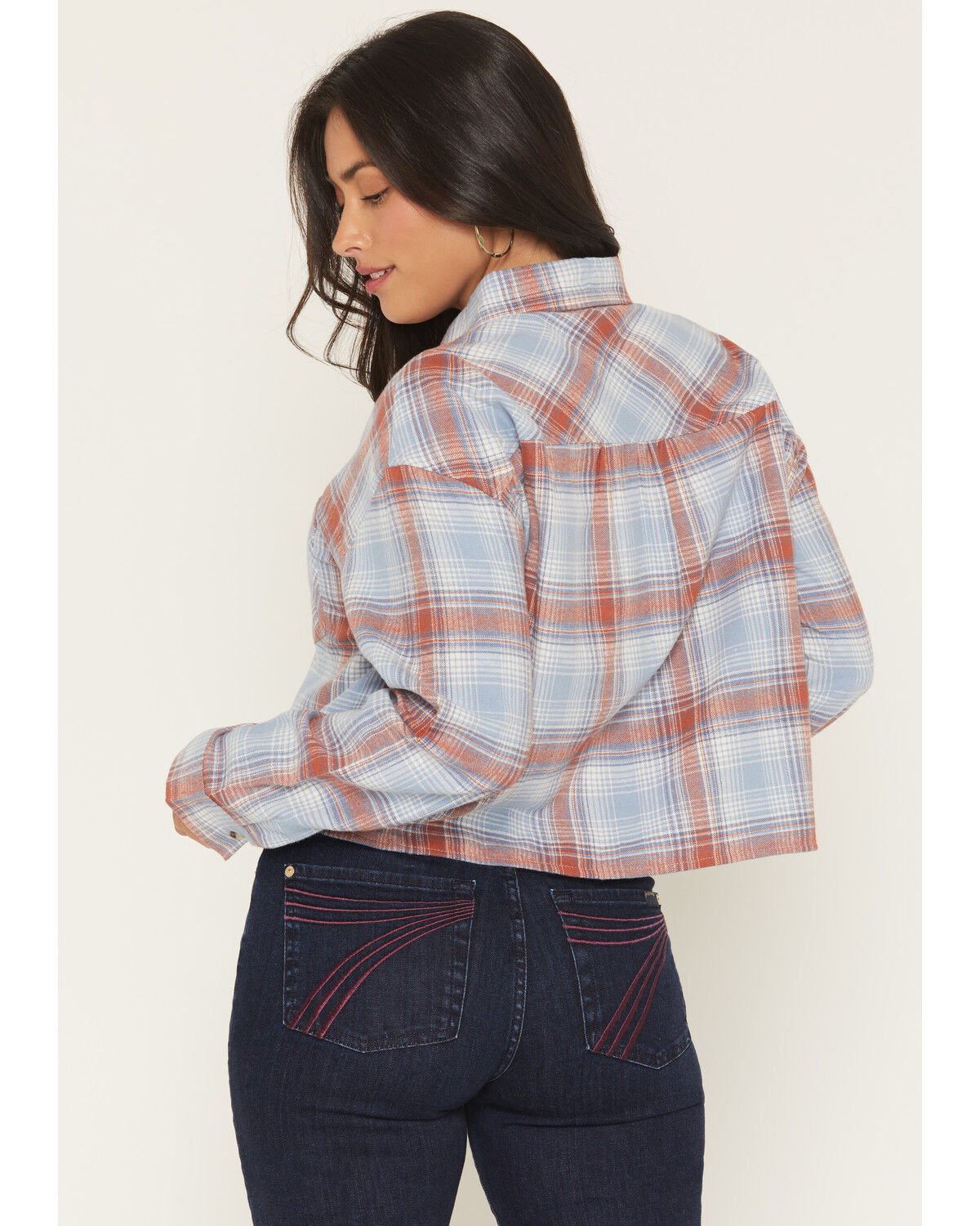 Image #4 - Ely Walker Women's Plaid Print Long Sleeve Button-Down Cropped Flannel Shirt, Blue, hi-res