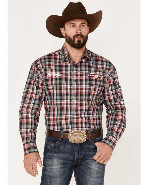 Wrangler Men's PBR Logo Plaid Long Sleeve Snap Western Shirt , Red, hi-res