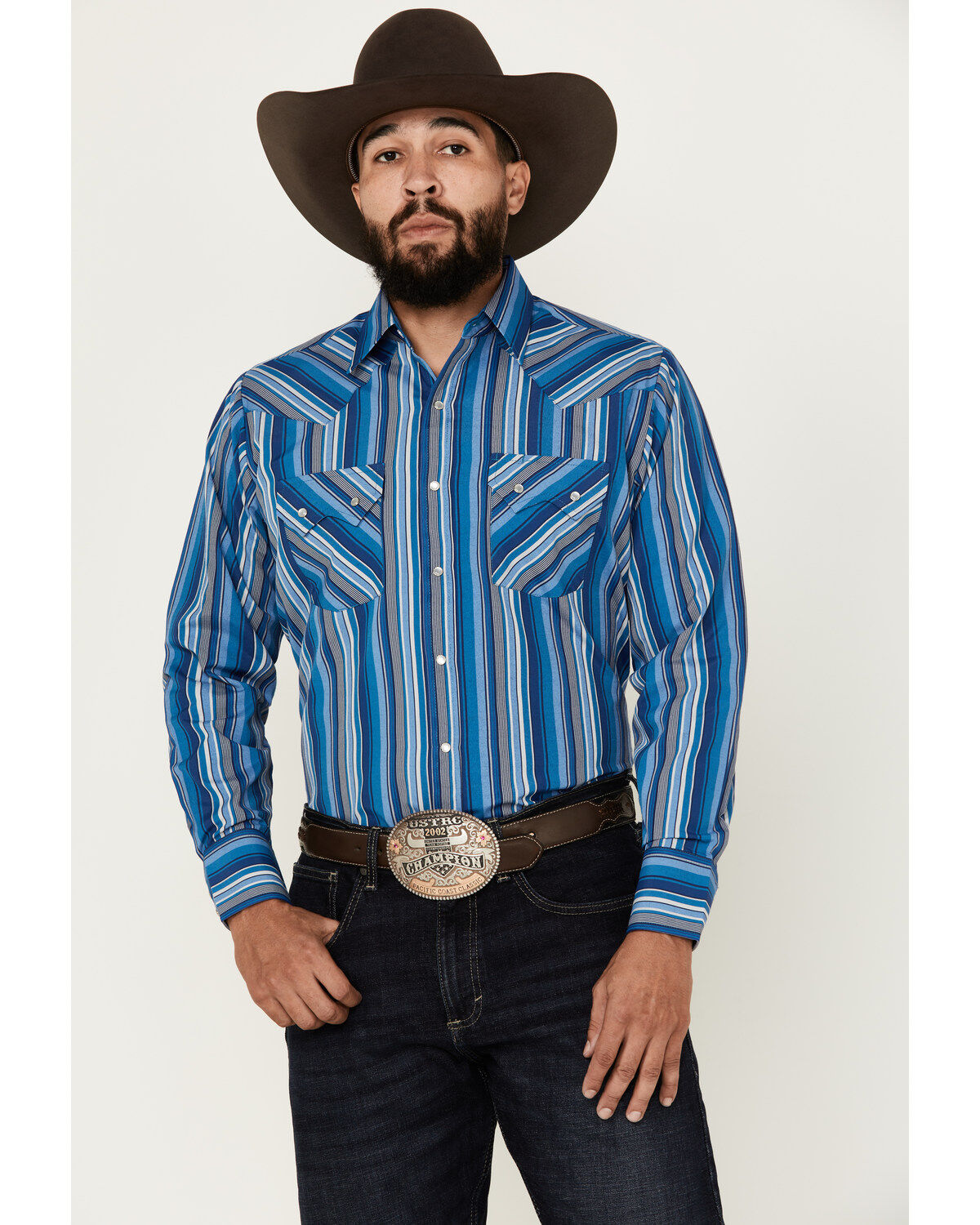 Image #1 - Ely Walker Men's Serape Striped Long Sleeve Pearl Snap Western Shirt, Royal Blue, hi-res