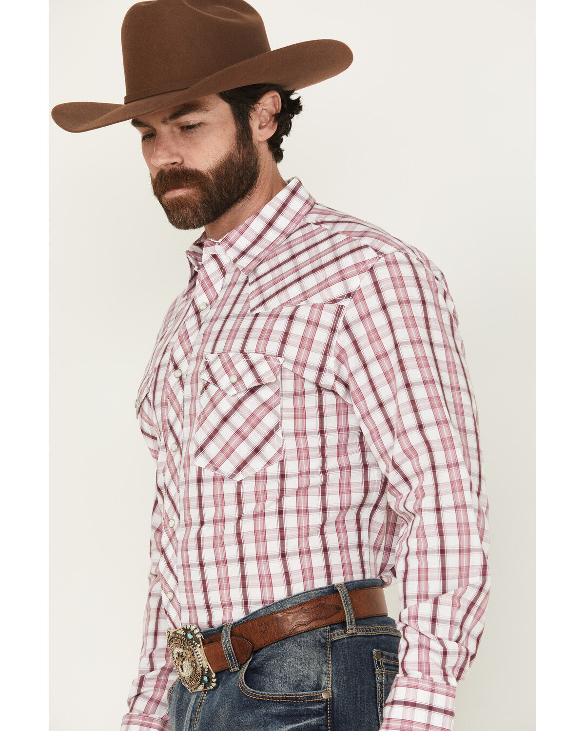 Image #2 - Wrangler Men's 20X Plaid Print Long Sleeve Button-Down Stretch Western Shirt, Wine, hi-res
