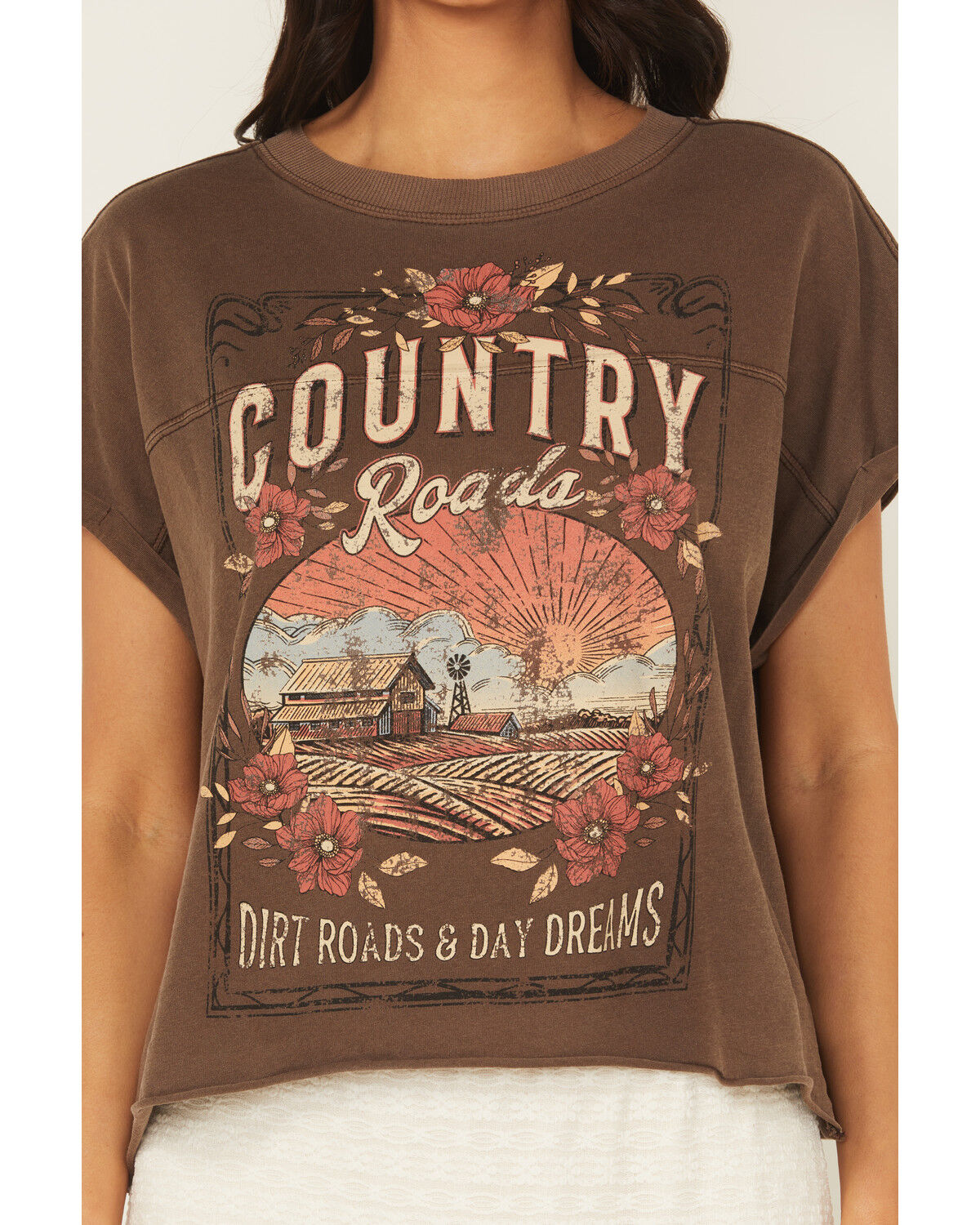 Image #3 - Cleo + Wolf Women's Country Roads Short Sleeve Cropped Graphic Tee, Brown, hi-res