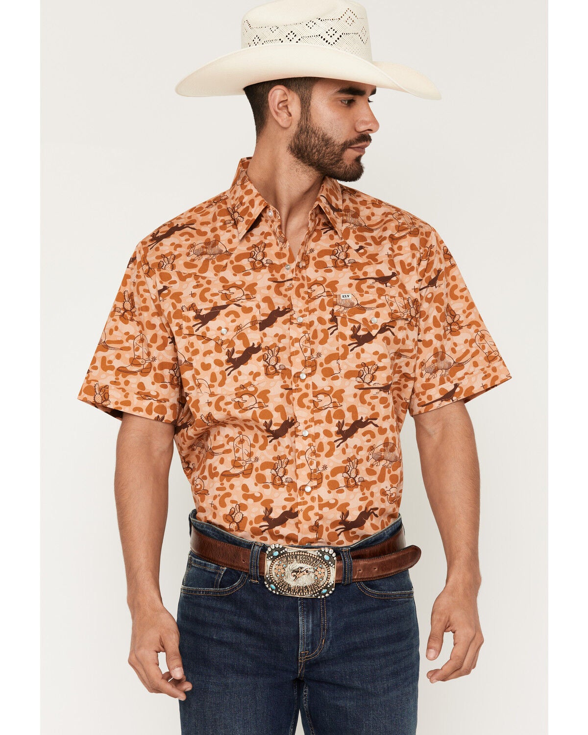 Ely Walker Men's Desert Camo Print Short Sleeve Pearl Snap Western Shirt, Tan, hi-res