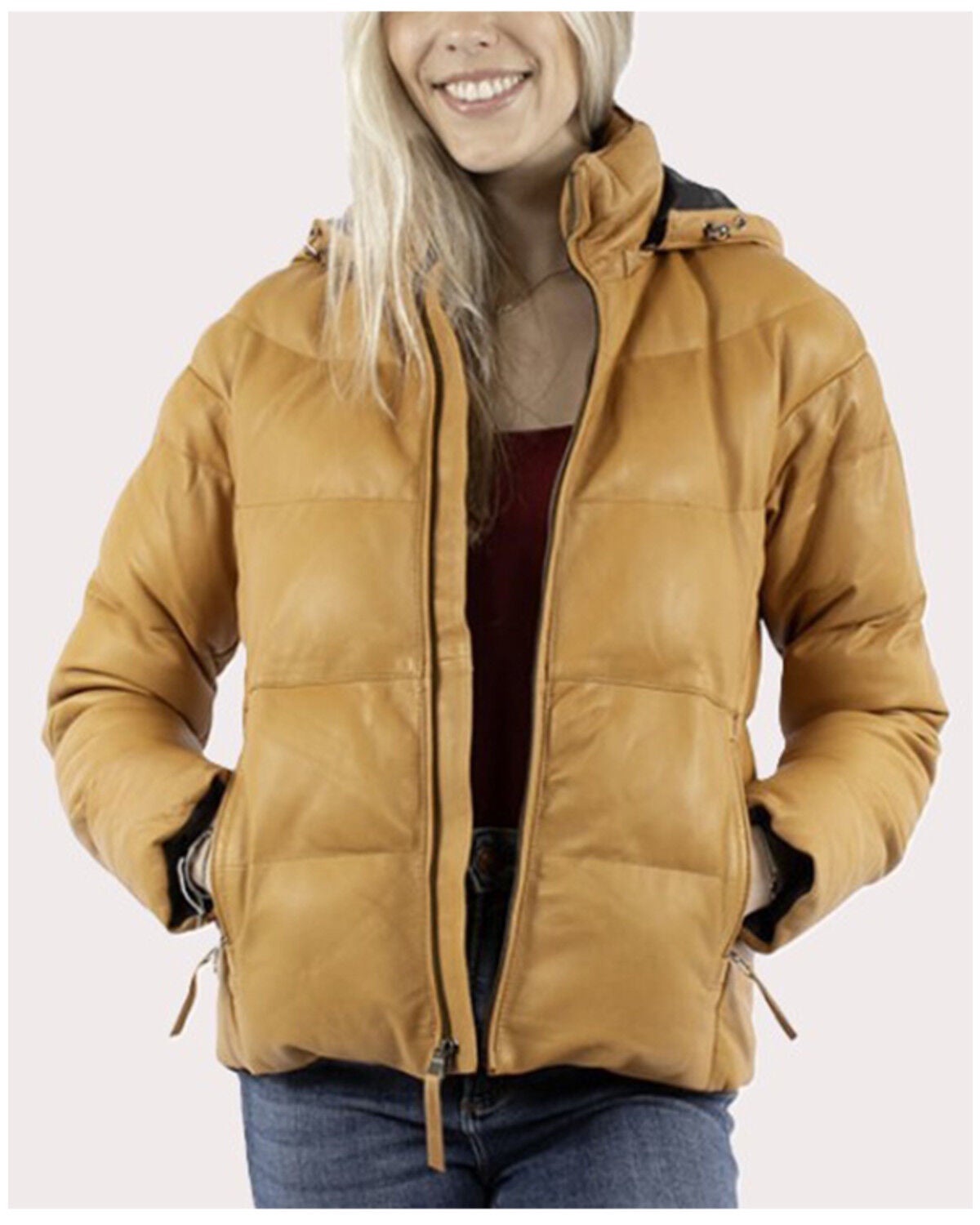 Scully Women's Lambskin Leather Hooded Puffer Jacket, Honey, hi-res